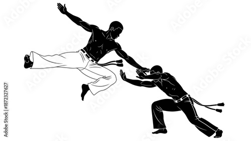 Capoeira martial arts fighters in action, black and white vector silhouette
