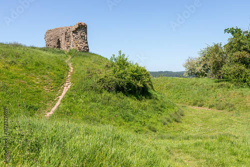 The ruins of the 12th century motte and bailey castle in the village of Kilpeck, Herefordshire, England UK