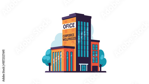 Modern office building illustration with "Office" and "Corporate" signage, flat vector style.