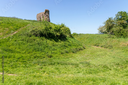 The ruins of the 12th century motte and bailey castle in the village of Kilpeck, Herefordshire, England UK