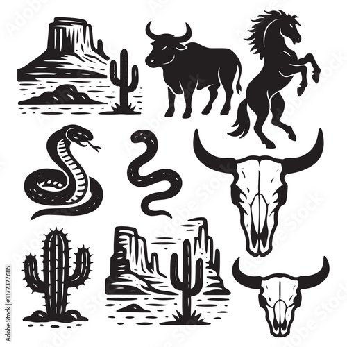 Western Desert Linocut Print Set – Boho Cactus, Canyon Wildlife & Rodeo Icons
