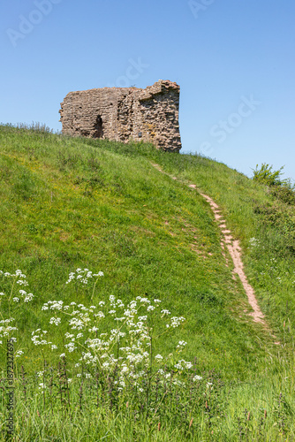 The ruins of the 12th century motte and bailey castle in the village of Kilpeck, Herefordshire, England UK