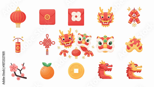 Chinese New Year Soft Rounded Flat Vector Icon Set