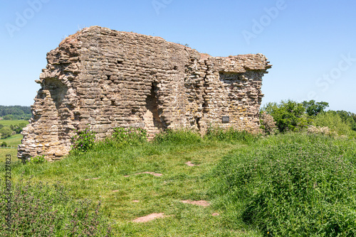 The ruins of the 12th century motte and bailey castle in the village of Kilpeck, Herefordshire, England UK