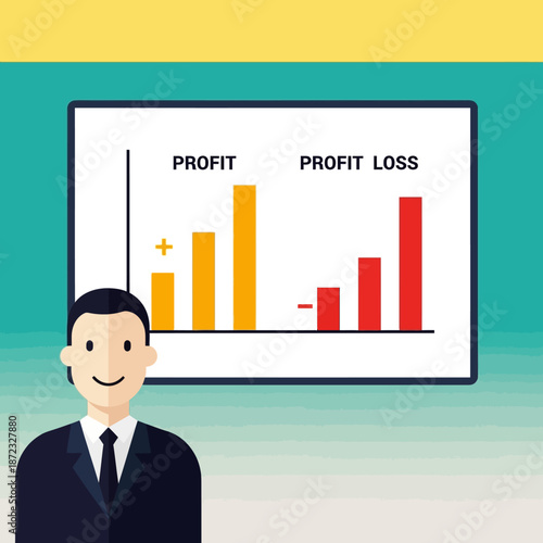 Cheerful businessman in a suit stands confidently before a displayed bar chart illustrating comparative profit and financial loss metrics for analysis.
