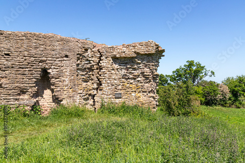 The ruins of the 12th century motte and bailey castle in the village of Kilpeck, Herefordshire, England UK