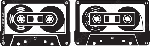 Set of Two Retro Audio Cassette Tape Icons in Black Silhouette Style for Vintage Music Projects and Nostalgic Graphic Design
