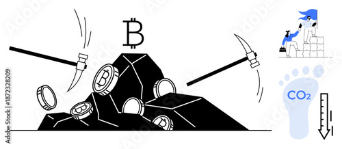 Cryptocurrency mining, environmental awareness, carbon emissions, renewable energy, blockchain technology, digital economy. Pickaxes extracting Bitcoin coins, CO2 footprint visible. Cryptocurrency