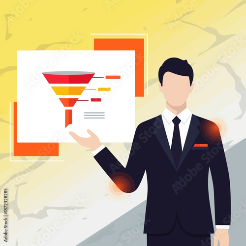 Businessman presenting a colorful marketing sales funnel visualization demonstrating process stages and conversion metrics in a professional setting.