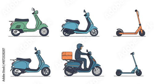 Colorful collection of vintage scooters and modern electric scooters illustration