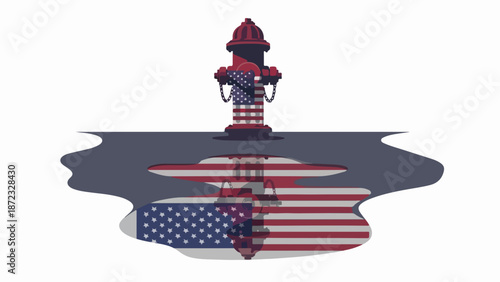 American flag hydrant displays patriotic colors, reflecting in dark water below. American flag hydrant reflection distorts, creating visual tension.