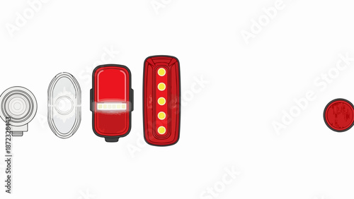 Set of bicycle lights for cycling safety. Selection showcases bright red rear lights, clear white front lights, diverse styles. Essential bicycle lights for improved road visibility, night riding,