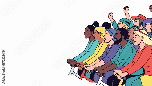 Illustration of diverse crowd in profile, riding together with determined expressions. This diverse crowd represents unity and collective action,