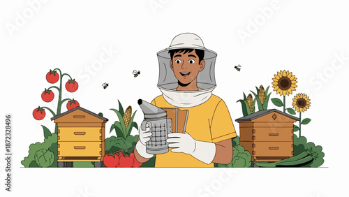 Smiling beekeeper hobbyist wearing protective suit, holding smoker in lush garden apiary. Beekeeping hobby involves managing beehives, collecting honey, cultivating plants.