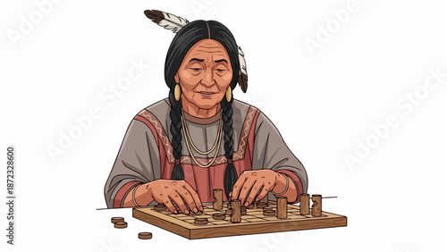 Native American woman playing traditional board game with wooden pieces, indigenous elder demonstrates cultural heritage and ancient strategy. Concept Native American woman for educational content,