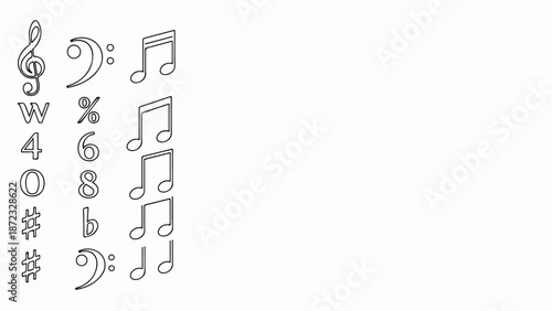 Simple musical graphic elements set showcasing outline designs of various musical notes and common symbols on white. Musical graphic elements include treble clef, bass clef, quaver, semiquaver, whole,