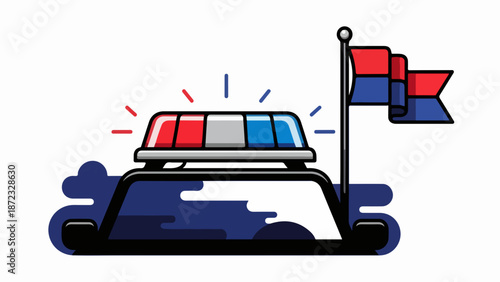 Stylized police car illustration with flashing red and blue siren lights atop its roof, casting dark shadows below.