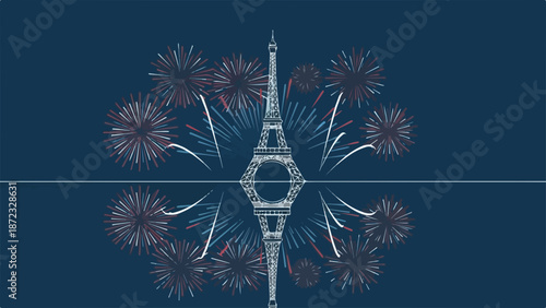 Stylized Eiffel Tower fireworks illustration, iconic French landmark with vibrant celebratory light display. Paris celebration imagery features symmetrical reflection on deep blue background,