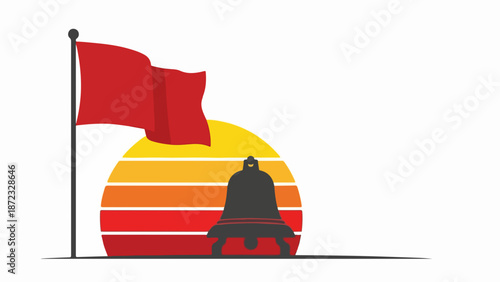 Stylized Red Flag Bell illustration with vibrant sunset and bold flag on pole. Red Flag Bell design combines symbolic bell silhouette and waving red flag, evoking concepts of revolution and freedom.