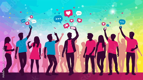 Silhouettes of youth showing online engagement, holding phones with flying social icons. Generation connecting online, celebrating vibrant online engagement. Ideal for internet culture.