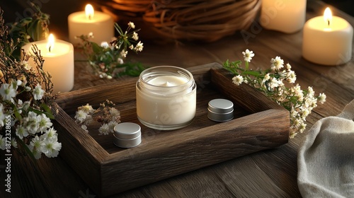 A wooden tray with a jar of cream and candles on a wooden table with flowers and a basket.