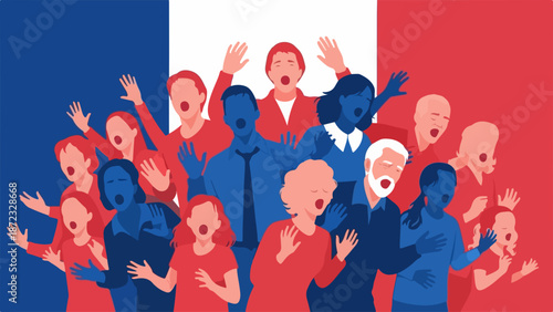 Diverse group expressing French unity, singing passionately against tricolor flag. Enthusiastic crowd showcasing national French unity, vocalizing with hands raised in celebration.