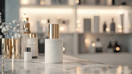A white marble countertop with a white and gold perfume bottle.