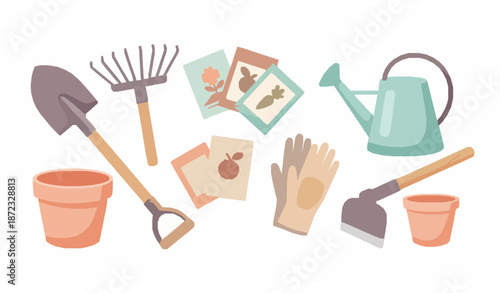 Seasonal gardening tools flat vector illustration plant equipment set