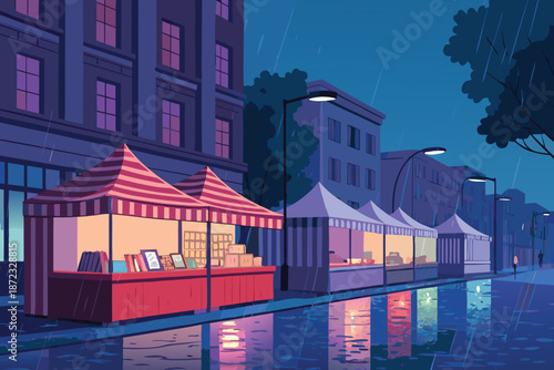 Rainy Neon Book Fair Street Economy Vec