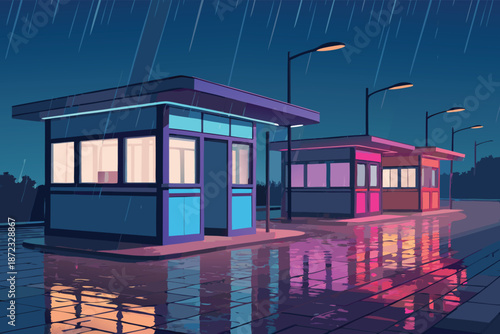 Rainy Neon Bus Terminal Snack Booths