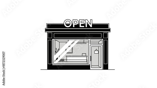 Modern Shop Front Illustration with "OPEN" Signage - Black and White Vector