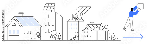 Sustainable energy. Solar panels on houses and buildings highlight sustainable energy and eco-friendly living. Sustainable energy promotes clean power solutions. For green living, renewable energy