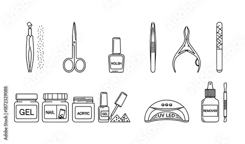 Manicure nail technician tools outline vector illustration set