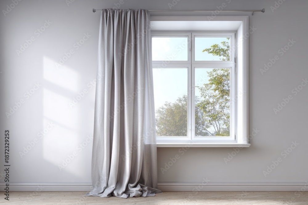Fototapeta premium Light streams through a window with soft grey curtains onto a clean wall.