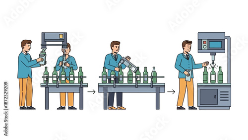 Automated bottle capping process on a production line, showing manual and automated stages.