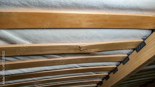 Broken cracked wooden slat on the bed under the mattress