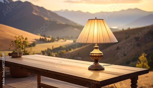 Illuminated Table Lamp on Wooden Table with Mountain Landscape Background.