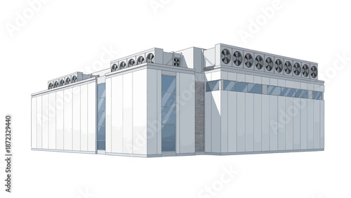 A modern, white, rectangular building with large windows and multiple air conditioning units on the roof.