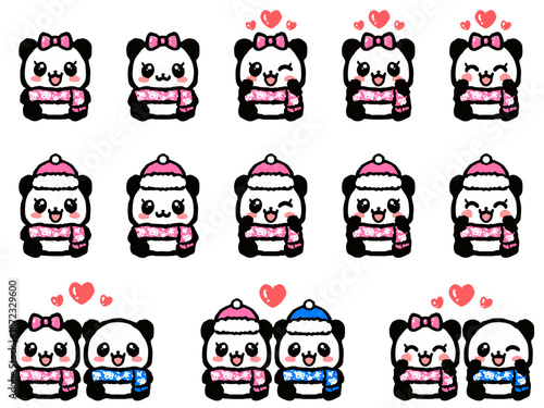 冬のお座りパンダの落書きイラスト素材セット4