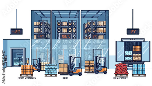 Illustration of a modern cold storage facility with different temperature zones for frozen, chilled, and fresh products, showcasing forklifts and organized inventory.