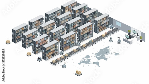 Automated warehouse with robotic arms and conveyor belts for efficient global distribution of goods.