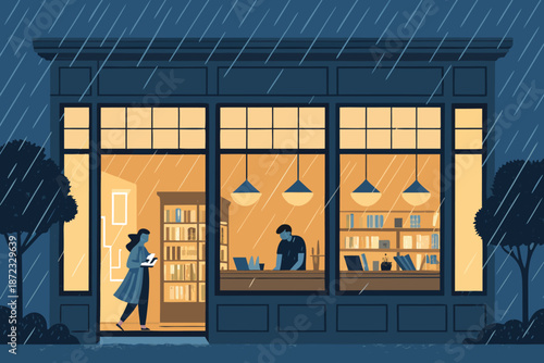 Rainy Night Bookstore Membership Economy Realisti
