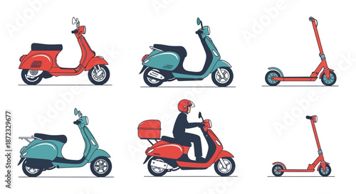 Colorful collection of vintage scooters and modern electric scooters illustration