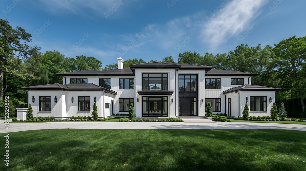 Fototapeta premium Modern Luxury Mansion Exterior with Lush Green Lawn and Clear Blue Sky for Real Estate Success