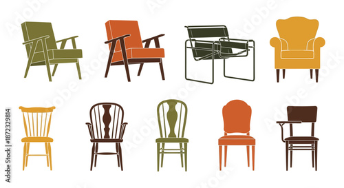 An assortment of colorful vintage chairs in a flat vector illustration style