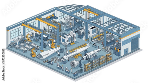 Isometric view of a modern aerospace manufacturing facility with various assembly lines, robotic arms, and aircraft components.