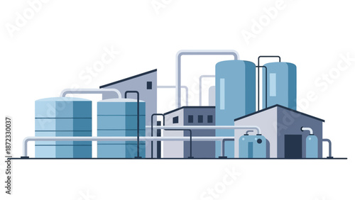 Illustration of a modern industrial complex with large storage tanks and connected pipelines.