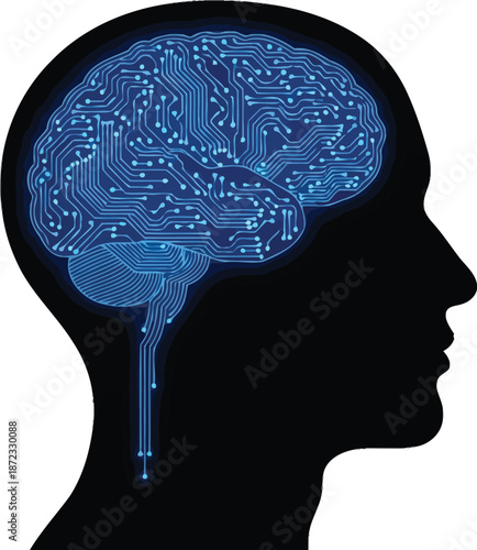 Silhouette profile of a human head showcasing a glowing blue circuit board pattern illuminating the internal structure of the brain symbolizing artificial intelligence concepts.