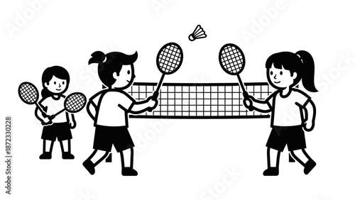 Children playing badminton together, black and white line art illustration of kids sports activity.
