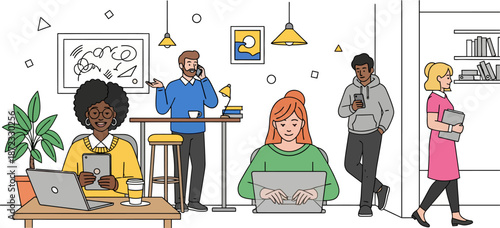 Diverse group of people working in a modern coworking space with laptops and tablets.